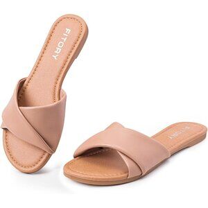 Women's Tan Fashionable Soft Insole Leather Slides Slippers Flat Sandals Shoes